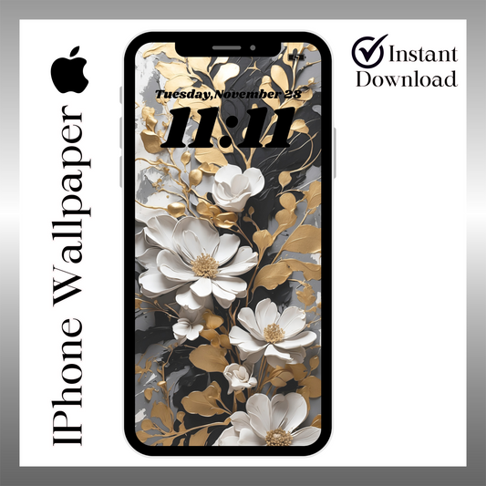 IPhone wallpaper/ Black & Gold Floral/ instant download