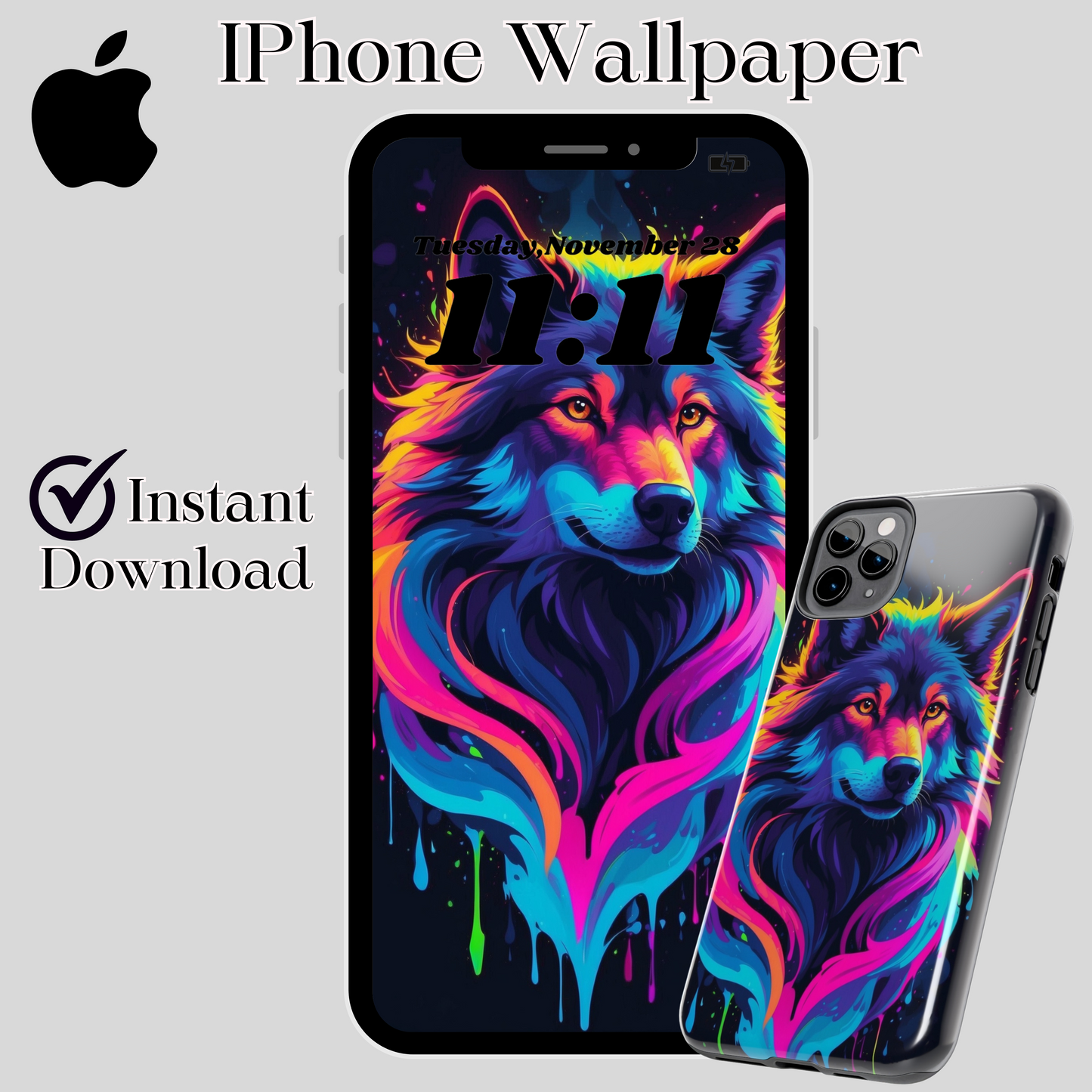 IPhone wallpaper/ Neon wolf/ instant download