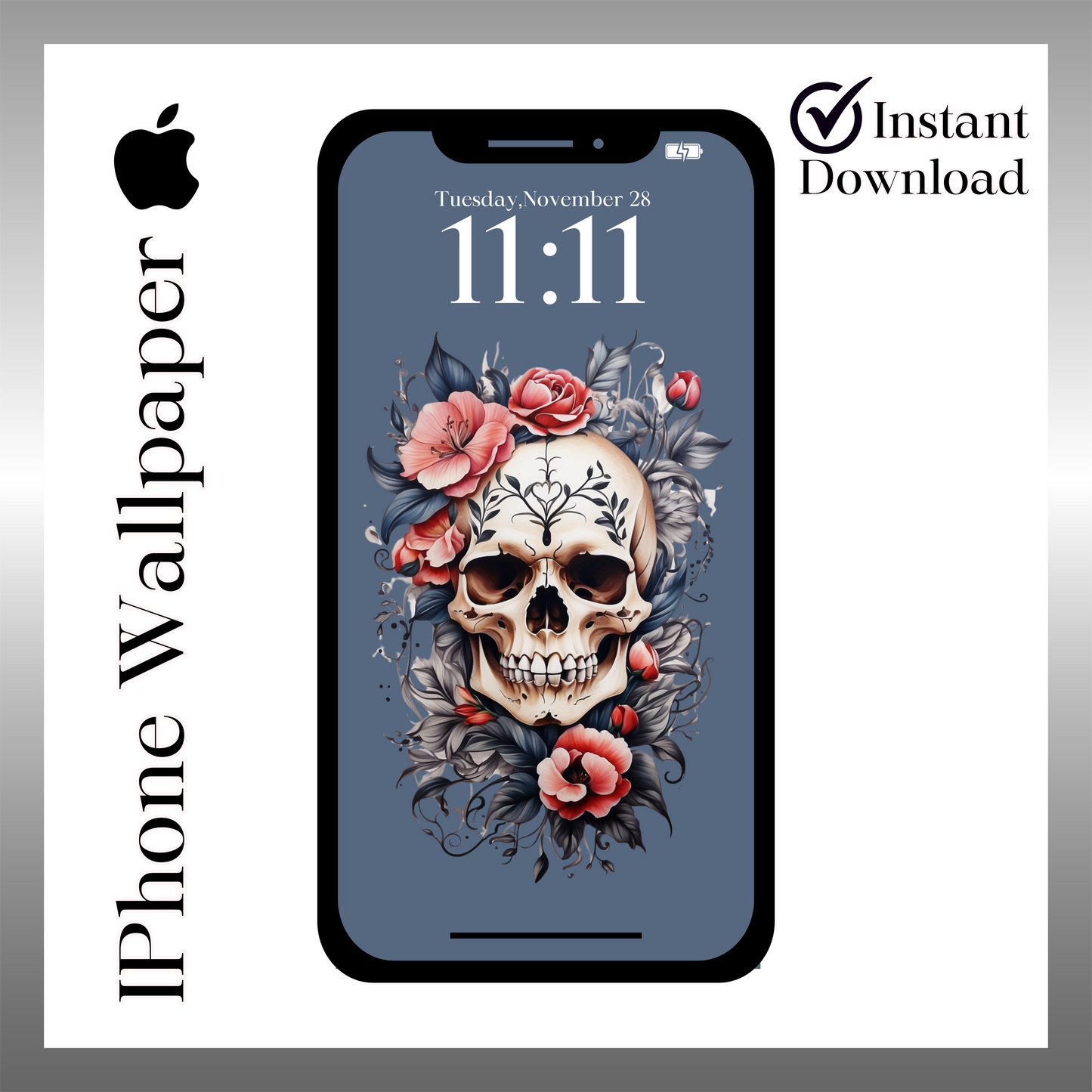 Skull & flowers phone wallpaper iPhone lock screen art digital download