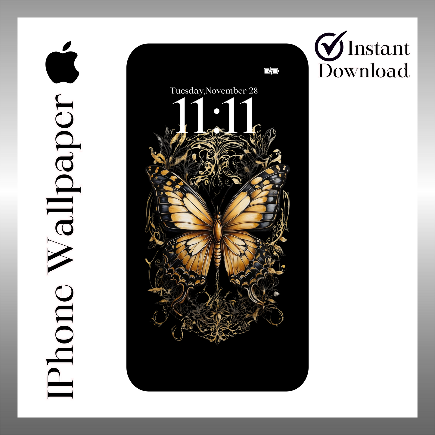 Black & gold butterfly phone wallpaper iPhone lock screen art digital download